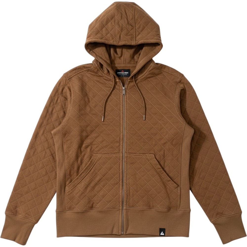 American Giant Men Large Quilted Full Zip Hoodie Tobacco Brown Made in USA